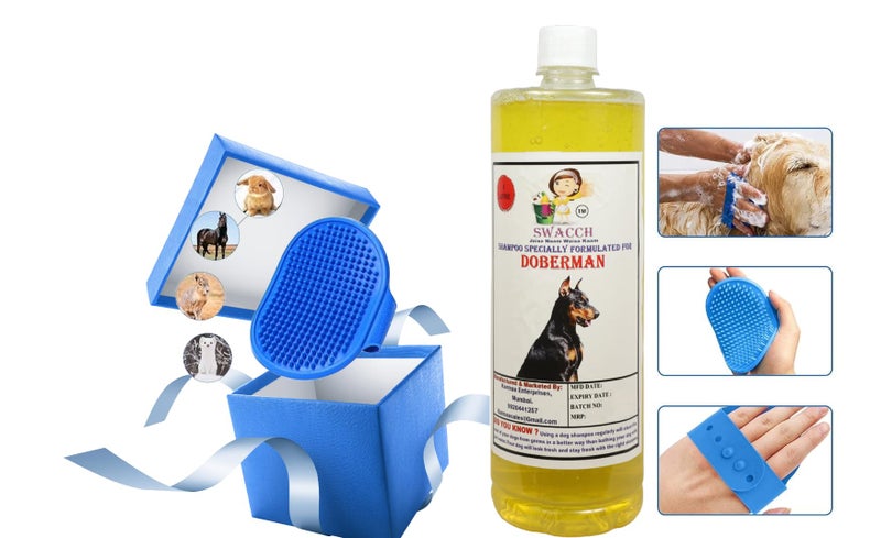 swacch Shampoo | Puppy Safe Shampoo | PH Balanced | Doberman Dog Shampoo 1 Litre Lemon + | Rubber Bath Brush with Adjustable Straps | Pet Massage | Soothing Bristles Hand Brush I Combo Pack - Image 2