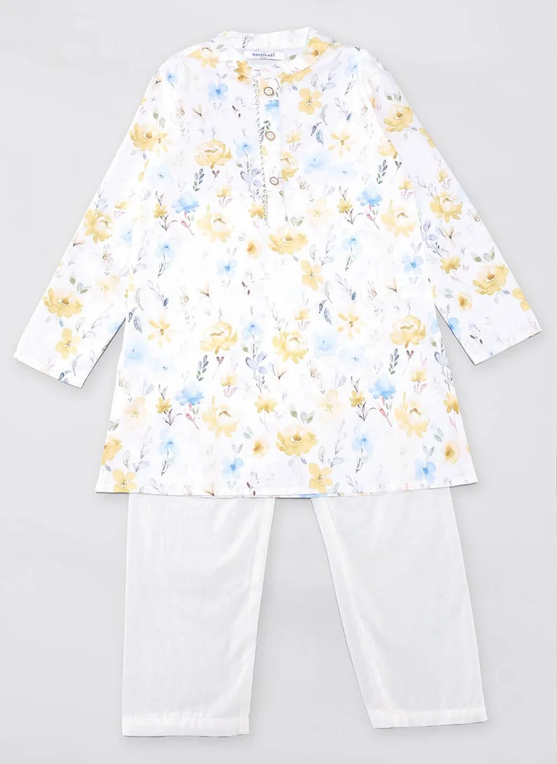 نوتيناتي Nautinati Boys Multicolour Linen Floral Print Full Sleeve Ethnic Kurta-Pyjama