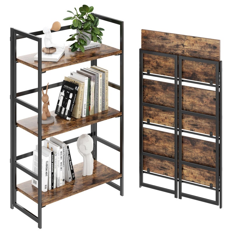 BHG Vintage Multifunctional Folding Bookshelf, No-Assembly Plant Stand Storage Rack Shelves for Home Office (Fire, 3-Tier) - Image 1