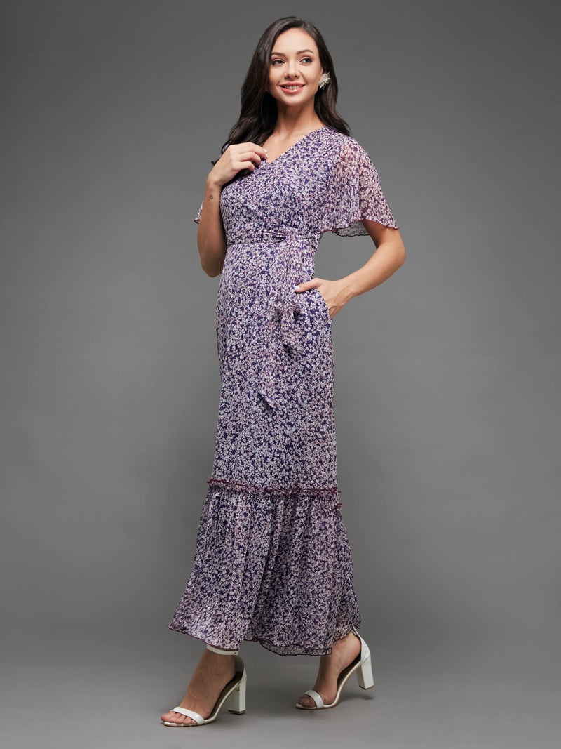 Miss Chase Women's V-Neck Flared Sleeve Floral Wrap Chiffon Maxi Dress (MCAW21D06-14-190-07, Multicolored-Base-Purple, XXL) - Image 3