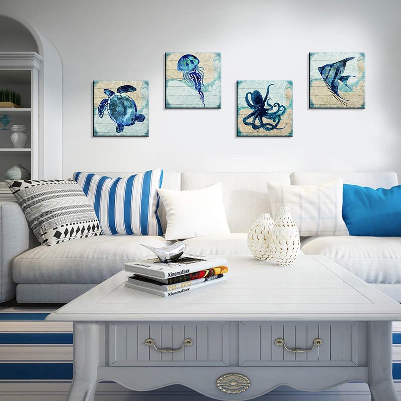 YOOOAHU Boho Beach Bathroom Decor Navy Blue Fish Sea Turtle Jellyfish Octopus Canvas Wall Art Ocean Nursery Picture Under the Sea Animal Kids Painting for Living Room Bedroom Office Home Decorations 12x12" 4P - Image 2