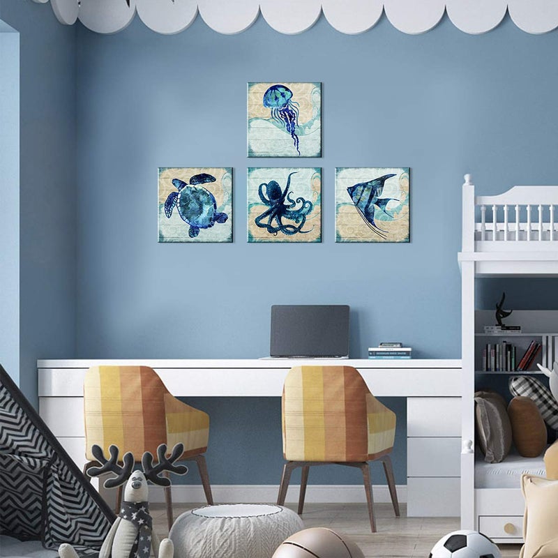 YOOOAHU Boho Beach Bathroom Decor Navy Blue Fish Sea Turtle Jellyfish Octopus Canvas Wall Art Ocean Nursery Picture Under the Sea Animal Kids Painting for Living Room Bedroom Office Home Decorations 12x12" 4P - Image 5