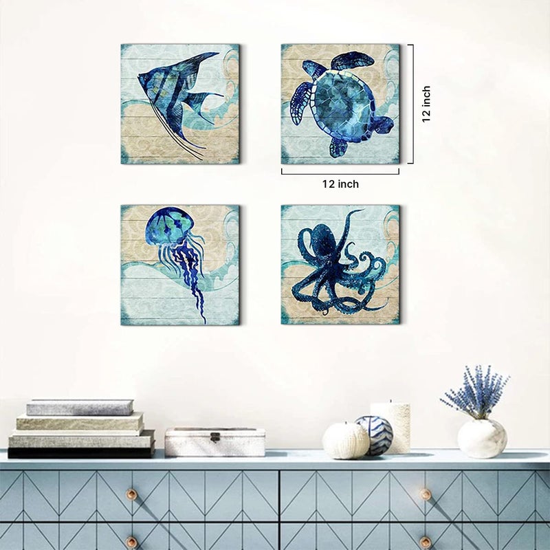 YOOOAHU Boho Beach Bathroom Decor Navy Blue Fish Sea Turtle Jellyfish Octopus Canvas Wall Art Ocean Nursery Picture Under the Sea Animal Kids Painting for Living Room Bedroom Office Home Decorations 12x12" 4P - Image 3