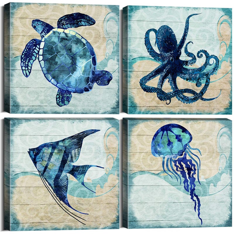 YOOOAHU Boho Beach Bathroom Decor Navy Blue Fish Sea Turtle Jellyfish Octopus Canvas Wall Art Ocean Nursery Picture Under the Sea Animal Kids Painting for Living Room Bedroom Office Home Decorations 12x12" 4P - Image 1