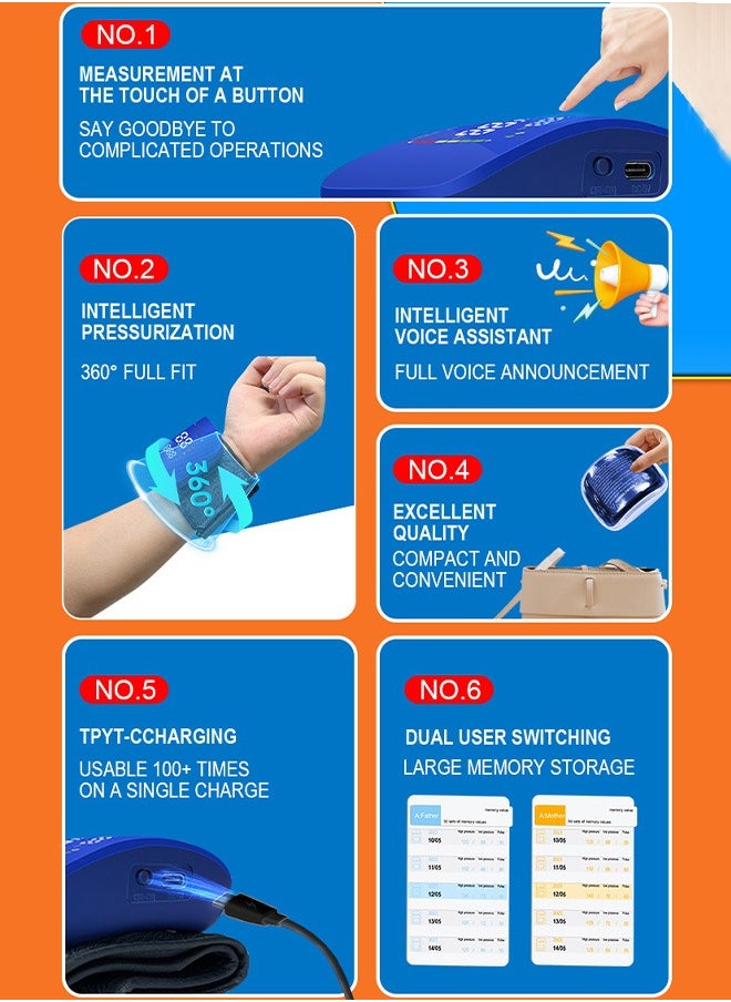 REALBLAD - Blood Pressure Monitor with Arabic Broadcast, Rechargeable 2x99 Readings Memory Wrist BP Monitor, with LED Large Display (Blue) - Image 1