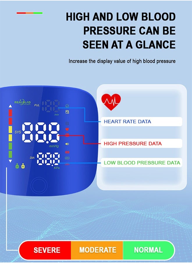 REALBLAD - Blood Pressure Monitor with Arabic Broadcast, Rechargeable 2x99 Readings Memory Wrist BP Monitor, with LED Large Display (Blue) - Image 1