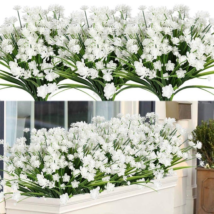 20 Bundles Outdoor Artificial Fake Flowers UV Resistant Shrubs Plants Faux Plastic Greenery for Indoor Outside Hanging Plants Garden Porch Window Box Home Wedding Farmhouse Decor White