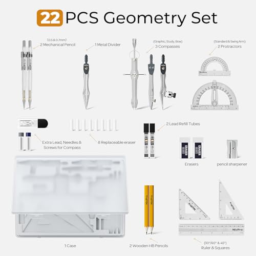 Nicpro مجموعة أدوات الهندسة مع 22 قطعة من نيكبرو مع حقيبة، مجموعة أدوات الرسم الهندسي مع منقلة ذراع متأرجح، مساطر، بوصلة معدنية، فاصل، مجموعة مثلثات، قلم رصاص، مستلزمات العودة إلى المدرسة للطلاب والأطفال - Image 2