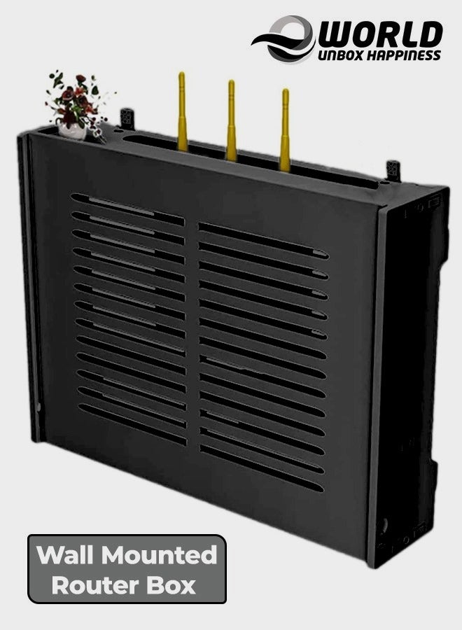 إي وورلد رف حامل راوتر أنيق مثبت على الحائط لجهاز الواي فاي، جهاز استقبال القنوات، صندوق القطط الخفيف والمزيد، يشمل أبوابًا وصندوق تغطية للوحة التصحيح لتخزين مرتب، باللون الأسود. - Image 1