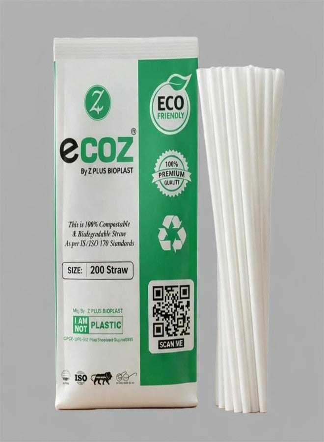 ECOZ Biodegradable Plastic Straws | 10 mm, 200 Count | Eco-Friendly Compostable Sustainable Disposable Drinking Straws | Cocktail Cold Drink Juice White Straws - Image 1