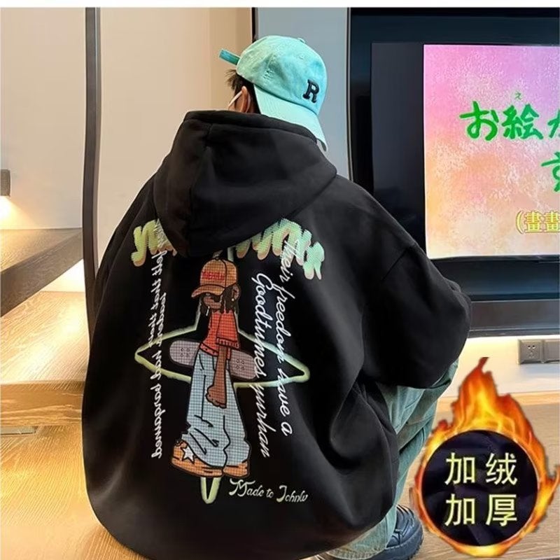 American Hiphop Heavy Sweater For Boys Fleece-Lined Thickened Oversize Plus Size Hooded Coat Fashion Brand - Image 2