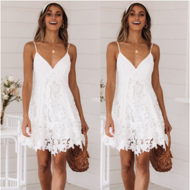 2020 Summer New Sexy Sling Halter Lace Dress white XL - Image 2