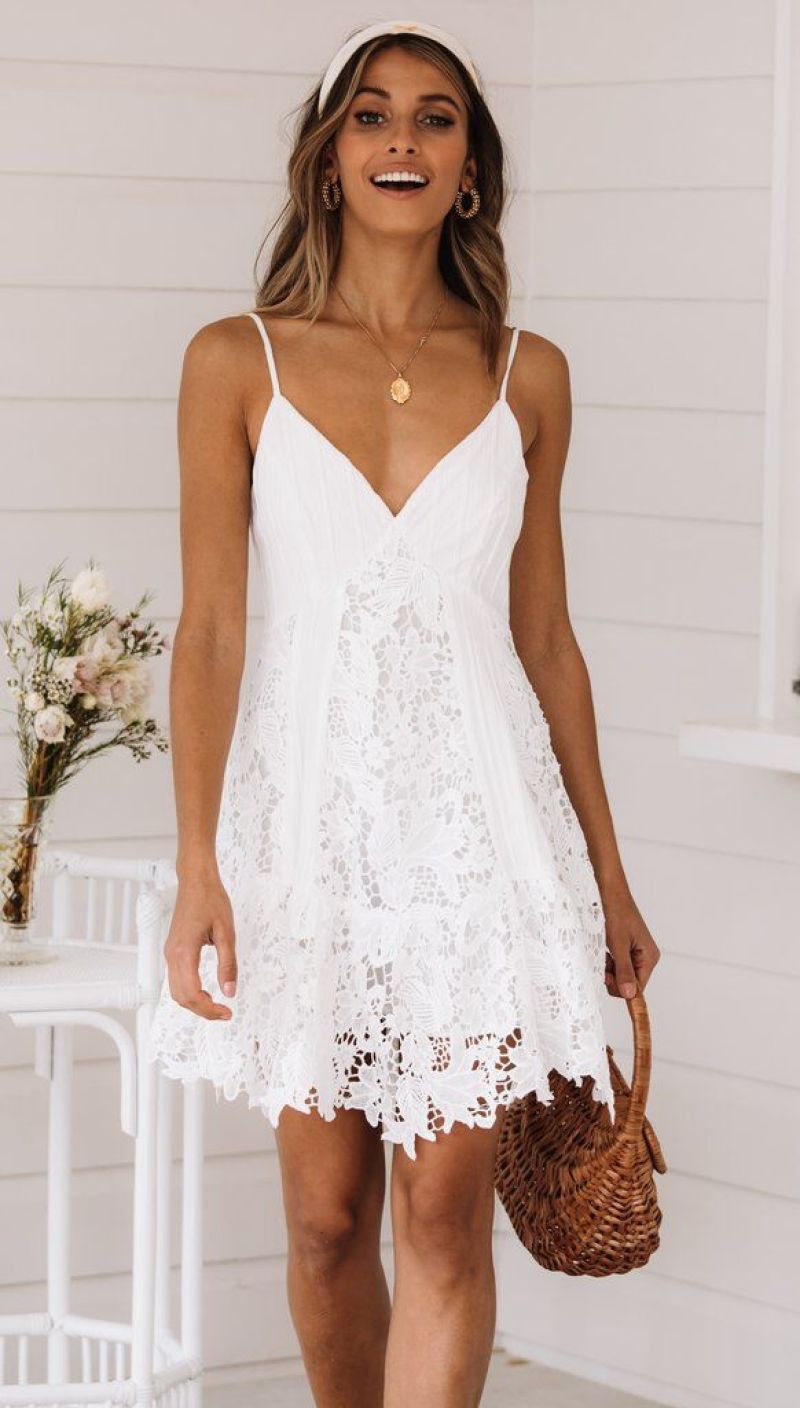 2020 Summer New Sexy Sling Halter Lace Dress white XL - Image 3