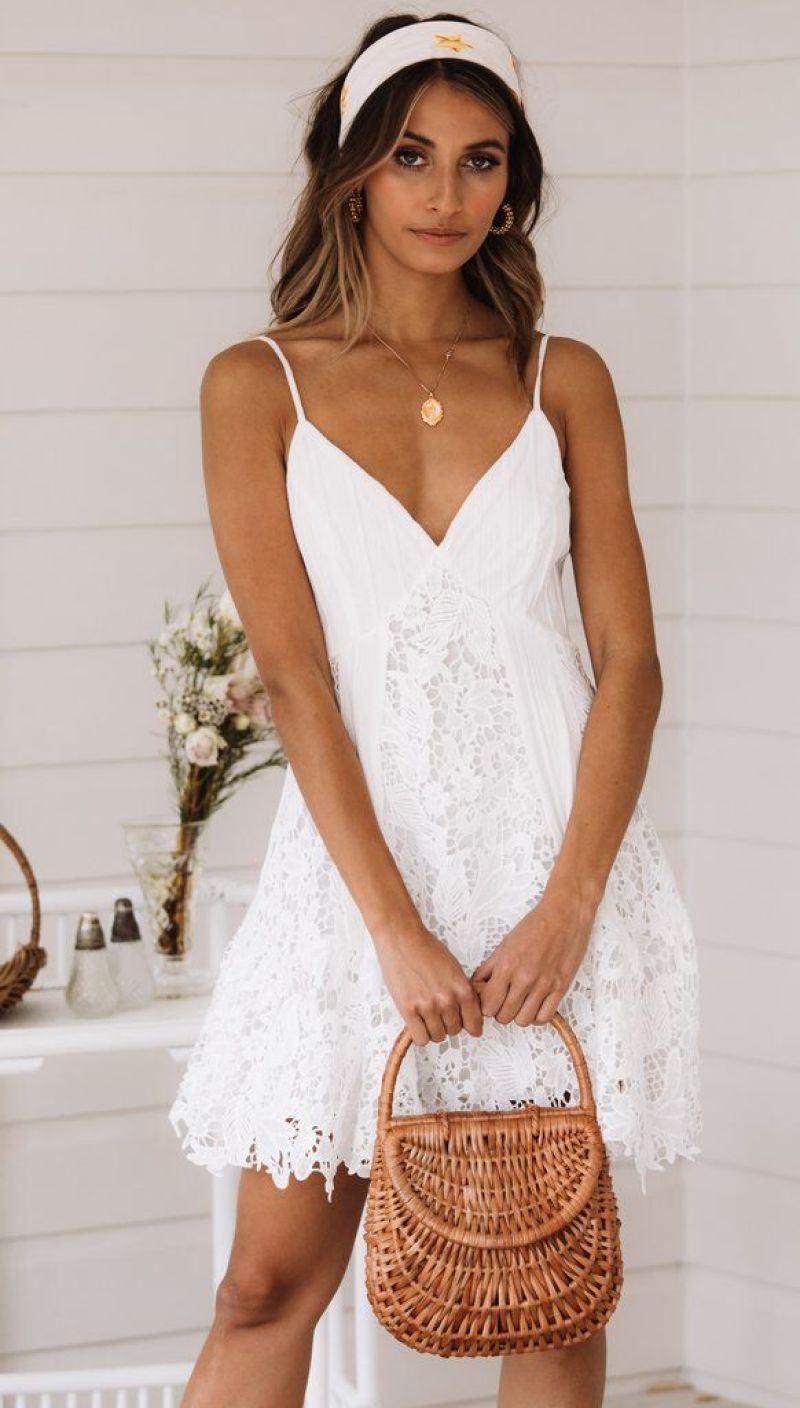 2020 Summer New Sexy Sling Halter Lace Dress white XL - Image 4