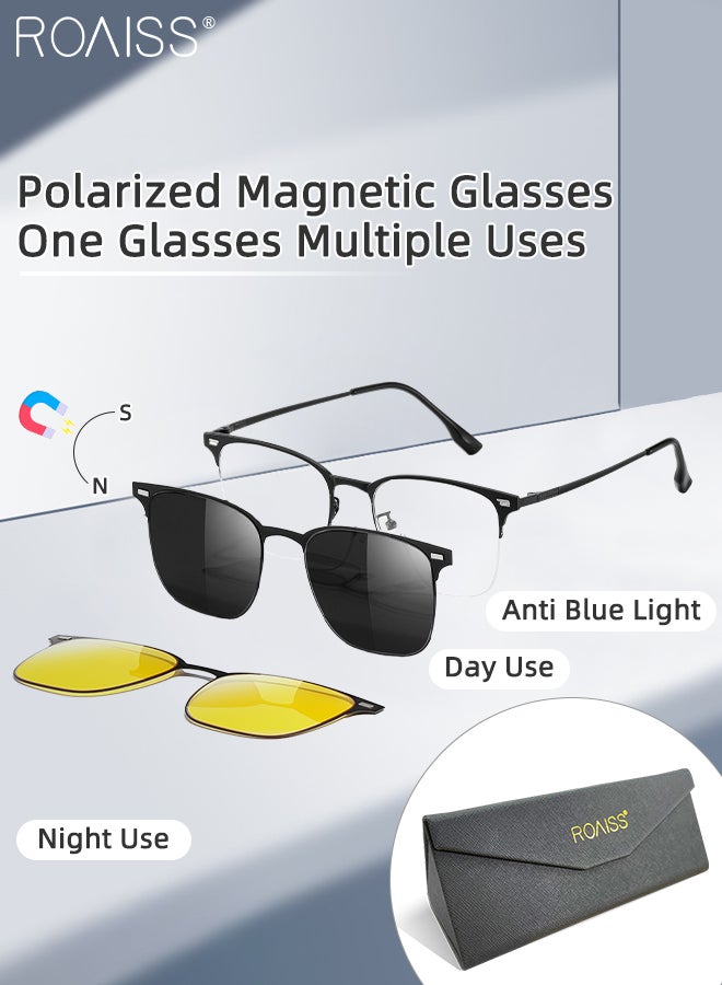 roaiss 3-in-1 Magnetic Polarized Clip-On Sunglasses Set, Blue Light Blocking Glasses with Magnetic Polarized Lens and Magnetic Night Vision Lens, Versatile Eyewear for Day and Night Use for Men and Women - Image 1