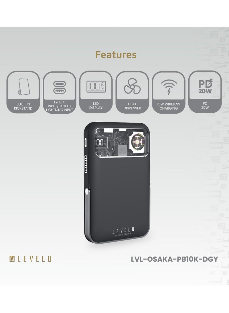 ليفيلو بنك طاقة محمول أوساكا 10000 مللي أمبير/ساعة PD 20 واط شحن سريع مع حامل مدمج وشاشة LED / بنك طاقة للشحن اللاسلكي 15 واط / مادة بلاستيكية مطاطية / موزع حرارة - رمادي غامق - Image 2