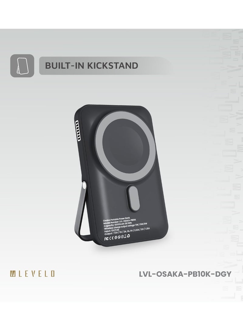 ليفيلو بنك طاقة محمول أوساكا 10000 مللي أمبير/ساعة PD 20 واط شحن سريع مع حامل مدمج وشاشة LED / بنك طاقة للشحن اللاسلكي 15 واط / مادة بلاستيكية مطاطية / موزع حرارة - رمادي غامق - Image 5