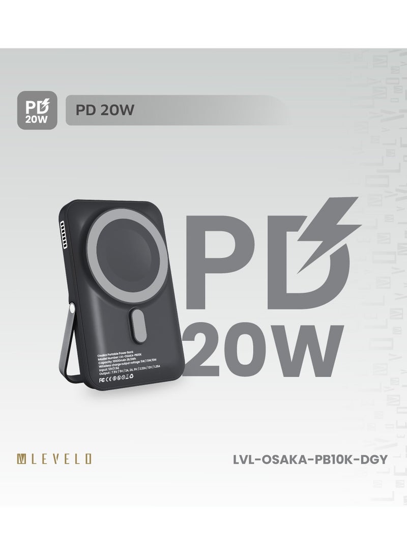 ليفيلو بنك طاقة محمول أوساكا 10000 مللي أمبير/ساعة PD 20 واط شحن سريع مع حامل مدمج وشاشة LED / بنك طاقة للشحن اللاسلكي 15 واط / مادة بلاستيكية مطاطية / موزع حرارة - رمادي غامق - Image 3