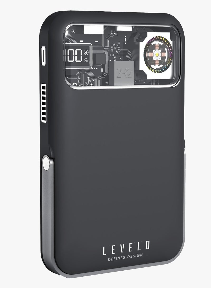 ليفيلو بنك طاقة محمول أوساكا 10000 مللي أمبير/ساعة PD 20 واط شحن سريع مع حامل مدمج وشاشة LED / بنك طاقة للشحن اللاسلكي 15 واط / مادة بلاستيكية مطاطية / موزع حرارة - رمادي غامق - Image 1