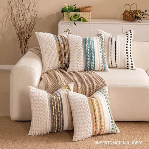 KOOLIFE Fall Boho Chenille Tufted Couch Throw Pillow Covers 18x18 Inch Set of 2 Farmhouse Striped Decorative Pillow Covers Accent Neutral Pillowcase Yellow Teal Cushion Cover for Living Room Sofa Bed - Image 3