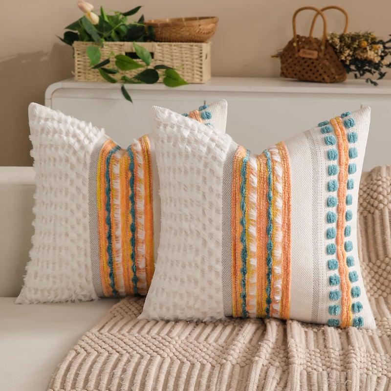 KOOLIFE Fall Boho Chenille Tufted Couch Throw Pillow Covers 18x18 Inch Set of 2 Farmhouse Striped Decorative Pillow Covers Accent Neutral Pillowcase Yellow Teal Cushion Cover for Living Room Sofa Bed - Image 2