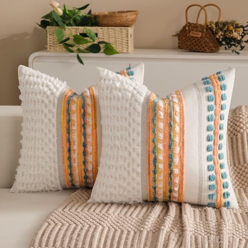 KOOLIFE Fall Boho Chenille Tufted Couch Throw Pillow Covers 18x18 Inch Set of 2 Farmhouse Striped Decorative Pillow Covers Accent Neutral Pillowcase Yellow Teal Cushion Cover for Living Room Sofa Bed - Image 1