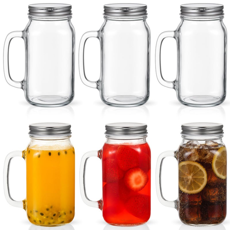 LemonRoad 6 Pcs 24 oz Mason Jar Cups with Handle and Lids Large Mason Jar Drinking Glasses Iced Coffee Cup with Lids and Handles Glass Mugs for Party Beverages Coffee Bar Accessories Gifts (Clear) - Image 1