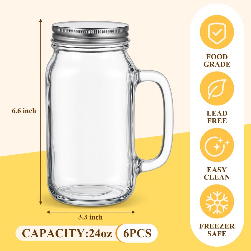 LemonRoad 6 Pcs 24 oz Mason Jar Cups with Handle and Lids Large Mason Jar Drinking Glasses Iced Coffee Cup with Lids and Handles Glass Mugs for Party Beverages Coffee Bar Accessories Gifts (Clear) - Image 2