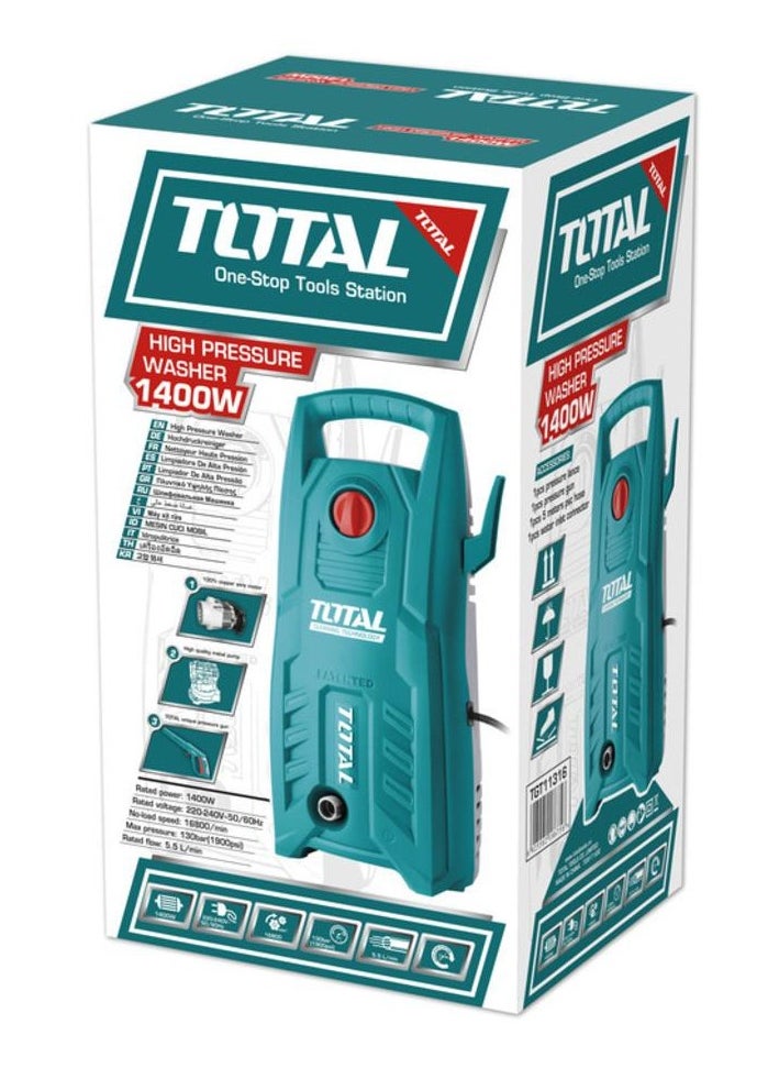 Total Tools - TOTAL Pressure Washer 1400W 130 Bar With Accessories TGT11316 - Image 1