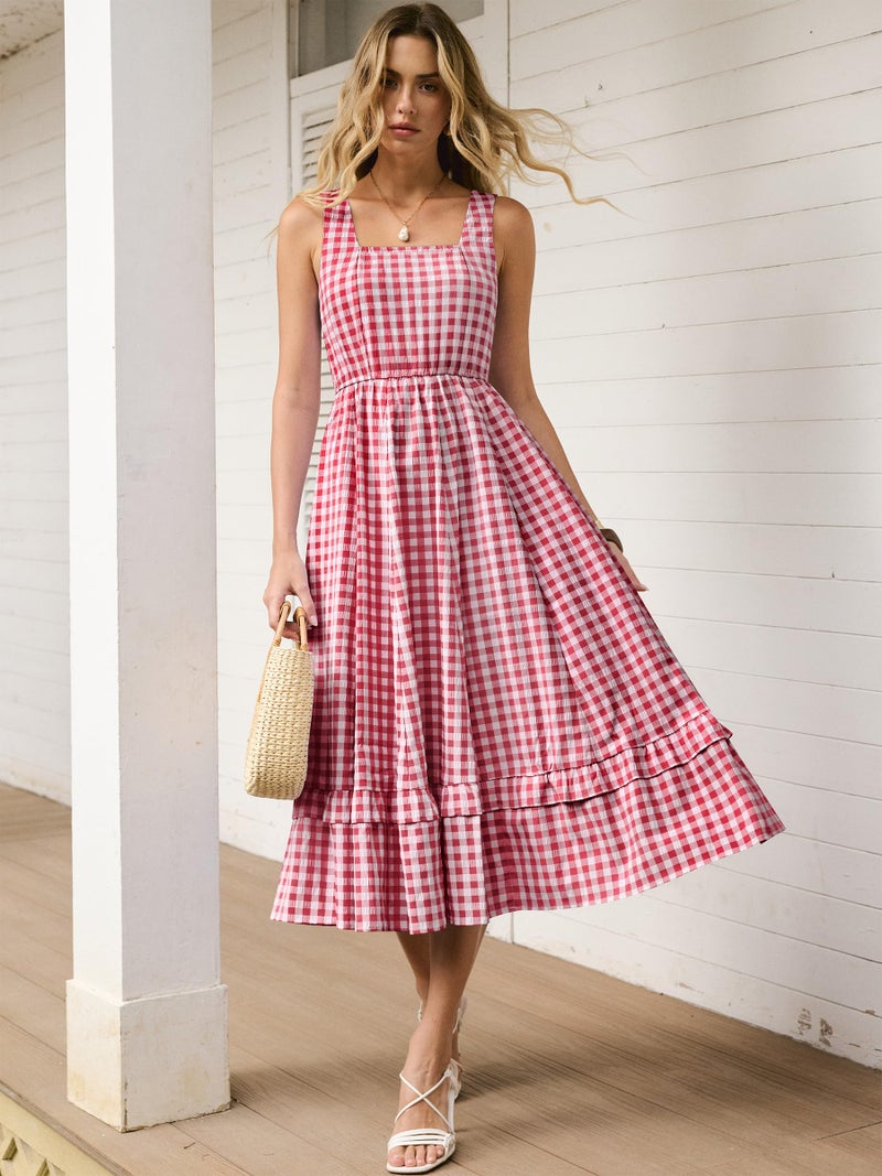Caracilia Womens Summer Casual Gingham Plaid Midi Dress Sleeveless Square Neck Flowy Beach Vacation Sundress with Pockets - Image 3