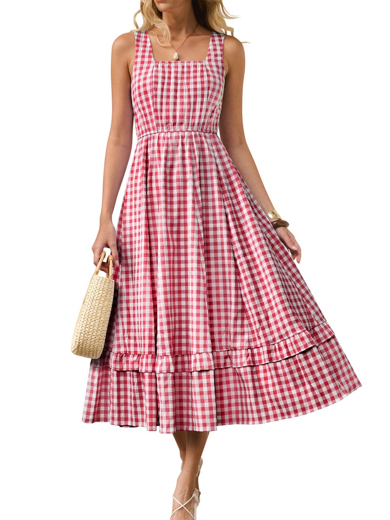 Caracilia Womens Summer Casual Gingham Plaid Midi Dress Sleeveless Square Neck Flowy Beach Vacation Sundress with Pockets - Image 1