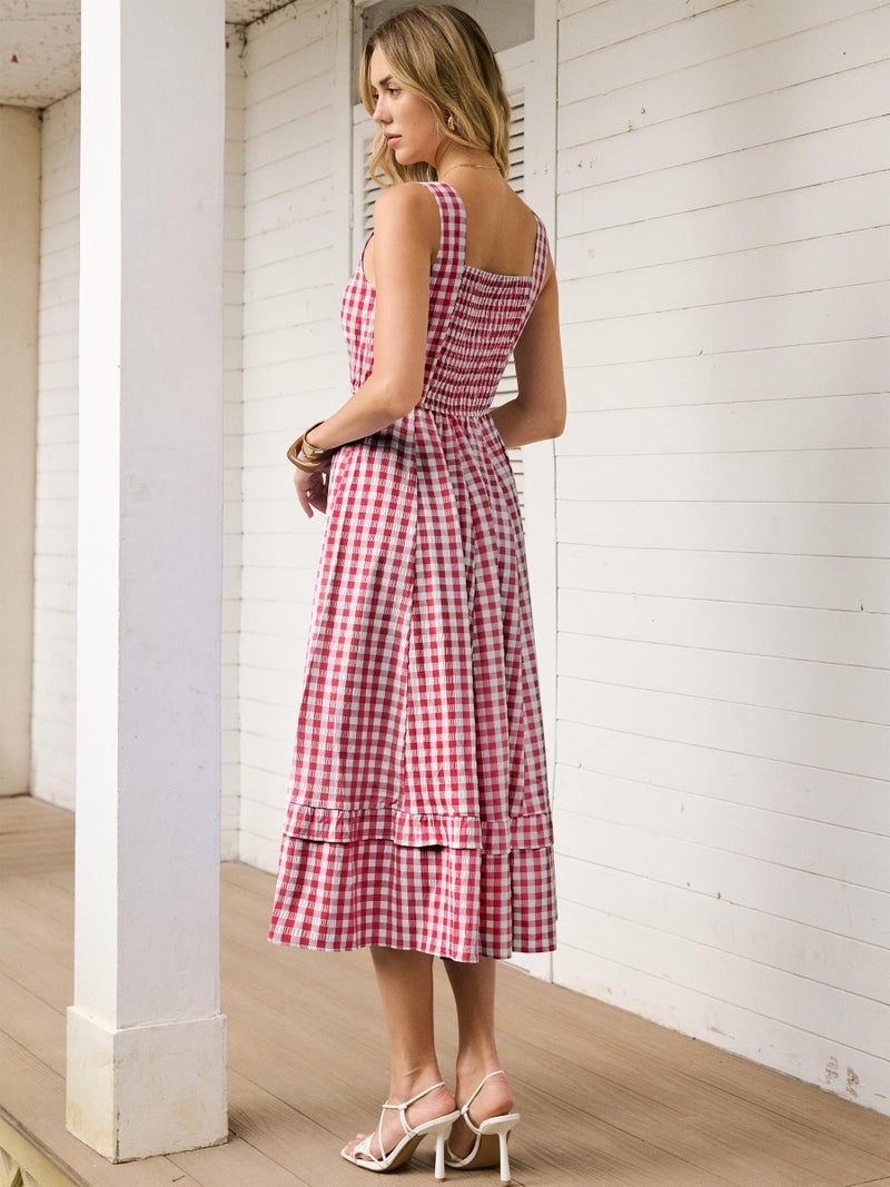 Caracilia Womens Summer Casual Gingham Plaid Midi Dress Sleeveless Square Neck Flowy Beach Vacation Sundress with Pockets - Image 5
