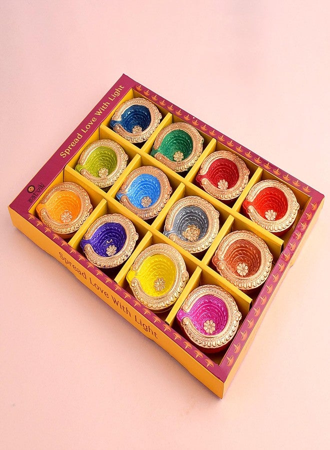 SATVIK STORE SATVIK 12 Pc Multicolor Clay Diya with Laxmi Charan Stickers Terracotta Dia Traditional Puja Vilakku Oil Lamp Natural Mitti Diya Tea Light Welcome Diwali Deepawali Navratri Pooja Décorations Indian - Image 4