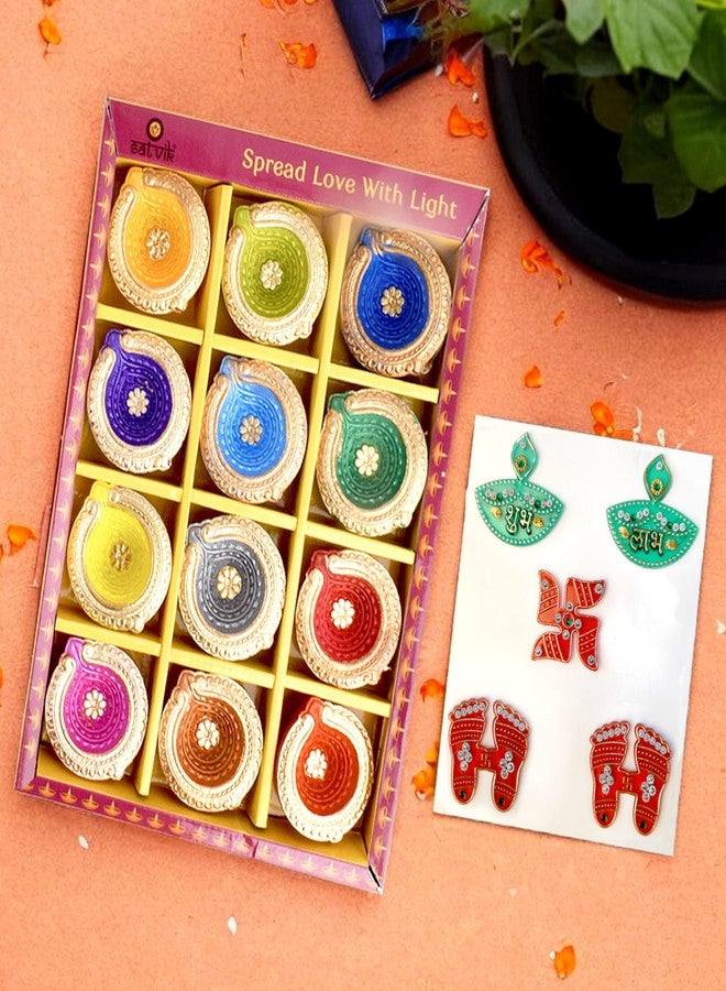 SATVIK STORE SATVIK 12 Pc Multicolor Clay Diya with Laxmi Charan Stickers Terracotta Dia Traditional Puja Vilakku Oil Lamp Natural Mitti Diya Tea Light Welcome Diwali Deepawali Navratri Pooja Décorations Indian - Image 1