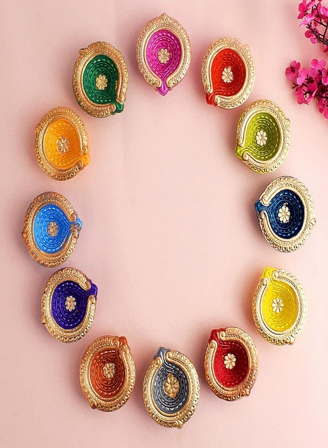 SATVIK STORE SATVIK 12 Pc Multicolor Clay Diya with Laxmi Charan Stickers Terracotta Dia Traditional Puja Vilakku Oil Lamp Natural Mitti Diya Tea Light Welcome Diwali Deepawali Navratri Pooja Décorations Indian - Image 3