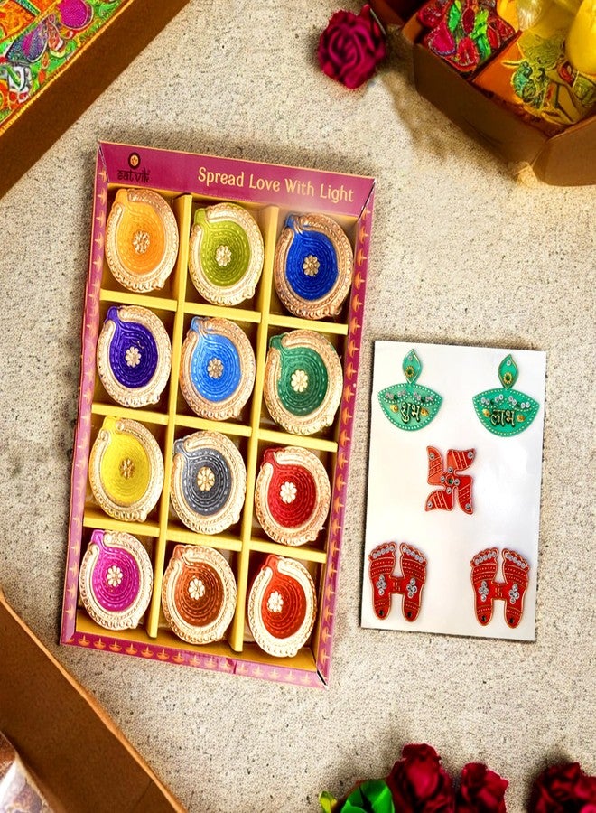 SATVIK STORE SATVIK 12 Pc Multicolor Clay Diya with Laxmi Charan Stickers Terracotta Dia Traditional Puja Vilakku Oil Lamp Natural Mitti Diya Tea Light Welcome Diwali Deepawali Navratri Pooja Décorations Indian - Image 2