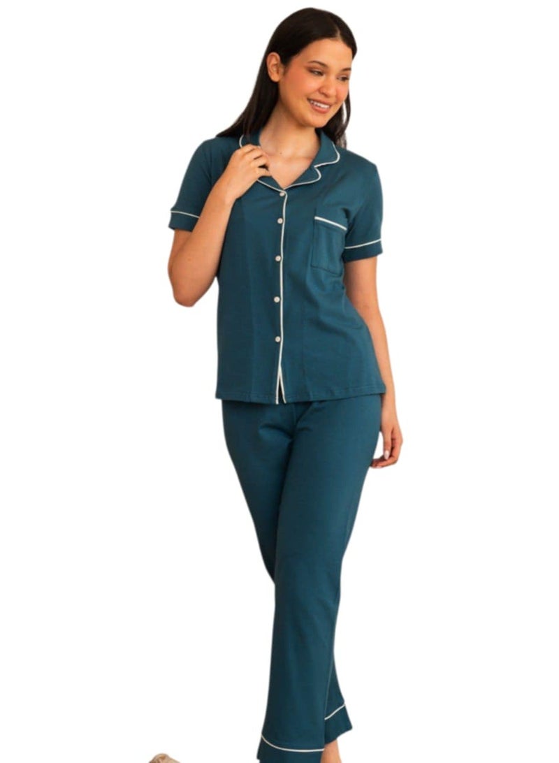 KERA Cotton women buttoned basic short sleeve pajamas set - Image 1