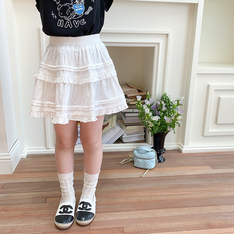 Sweet Lace Cake Layered Pleated Skirt for Girls Summer 2024 White 