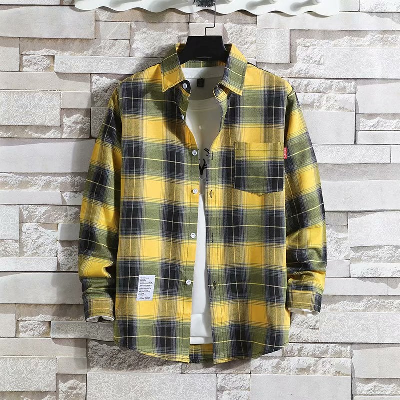 Spring and Autumn Thin Plaid Long-sleeved Shirt Mens Loose Ins Fashionable Korean Style Shirt Mens Work Clothes for Construction Site Yellow 6669