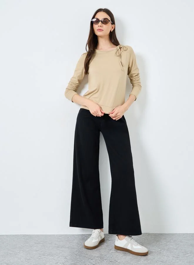 Take Two Take Two Beige Long Sleeve Tie Neck Blouse
