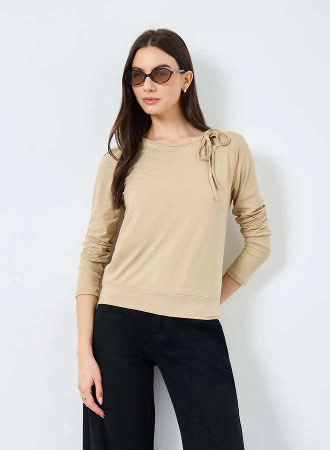 Take Two Take Two Beige Long Sleeve Tie Neck Blouse