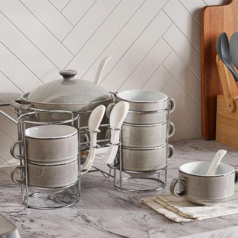 Pan Home Petronella Stoneware 15-Piece Soup Set - Light Grey