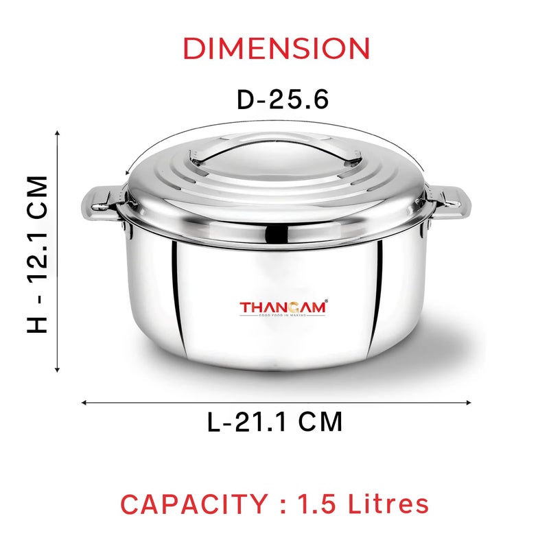Thangam Stainless Steel Double Walled Casserole 1500ml Hot Pot with Steel Lid Twist Lock for Hot Dishes, Rice, Chapati, Roti, Gravy, Soup Hot Box(1.5 Litre) Silver - Image 3