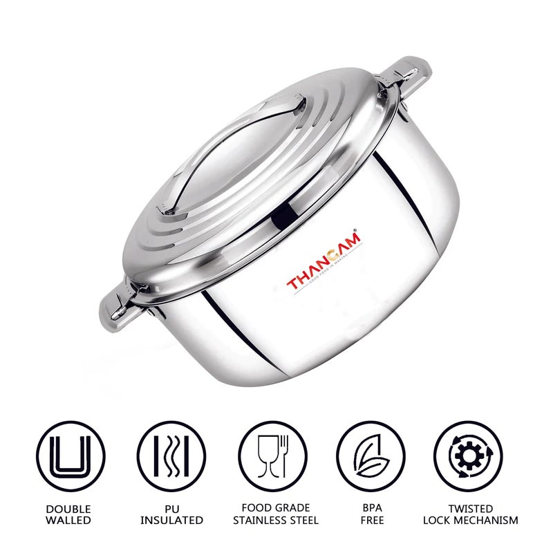 Thangam Stainless Steel Double Walled Casserole 1500ml Hot Pot with Steel Lid Twist Lock for Hot Dishes, Rice, Chapati, Roti, Gravy, Soup Hot Box(1.5 Litre) Silver - Image 4
