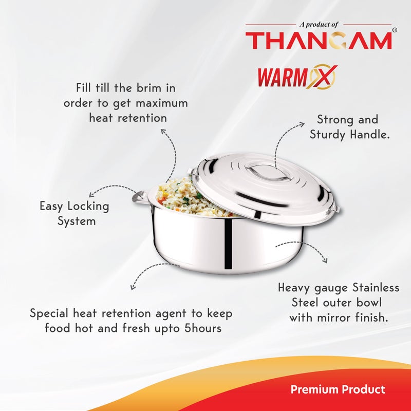 Thangam Stainless Steel Double Walled Casserole 1500ml Hot Pot with Steel Lid Twist Lock for Hot Dishes, Rice, Chapati, Roti, Gravy, Soup Hot Box(1.5 Litre) Silver - Image 5
