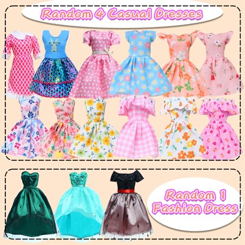 BLIJOLA Doll Clothes 15 Sets Including 5 Fashion Dresses 5 Daily Slip Dresses 3 Casual Tops and Pants Outfits 1 Sequins Mermaid Tail Skirt Swimsuit 1 Sequins Dress for 115 inch Girl Doll - Image 5