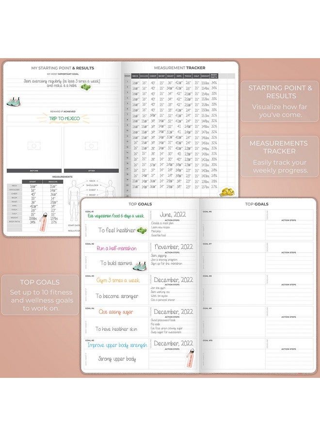 Fitness Journal Pro Daily Workout Planner With Meal Planner & Habit Tracker Gym Exercise Log Book For Women & Men Fitness Planner Notebook Lasts 6 Months 7X10” Rose Gold
