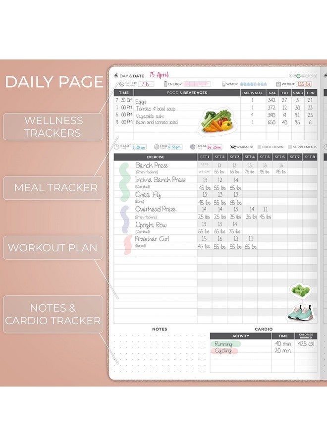 Fitness Journal Pro Daily Workout Planner With Meal Planner & Habit Tracker Gym Exercise Log Book For Women & Men Fitness Planner Notebook Lasts 6 Months 7X10” Rose Gold