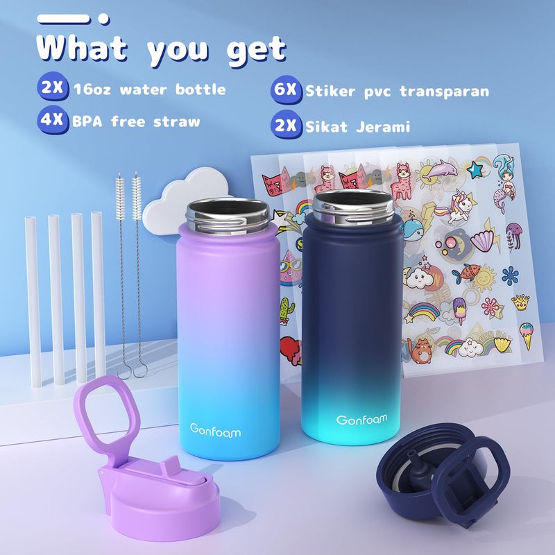 Gonfoam Kids Water Bottle, 2-Pack 16oz Water Bottles with Stickers and Straw, Stainless Steel Vacuum Insulated cup, Kids Water Bottle for School, Gifts for Boys and Girls(Blue/Purple) - Image 3