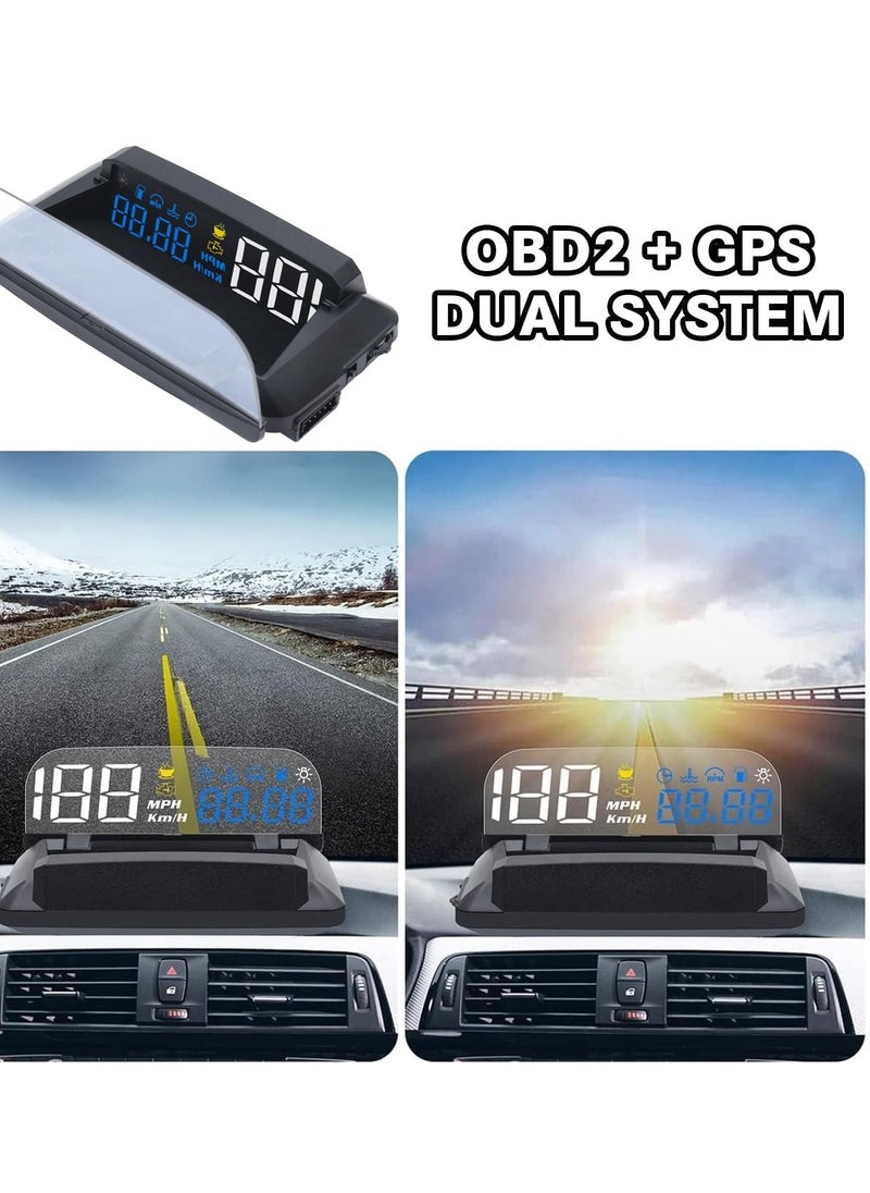 Excefore - Car Head Up Display, OBD2 + GPS Dual System, Digital Speedometer KMH MPH, Mirror Speed Projector, OverSpeed Alarm, Fatigue Driving Warning - Image 1